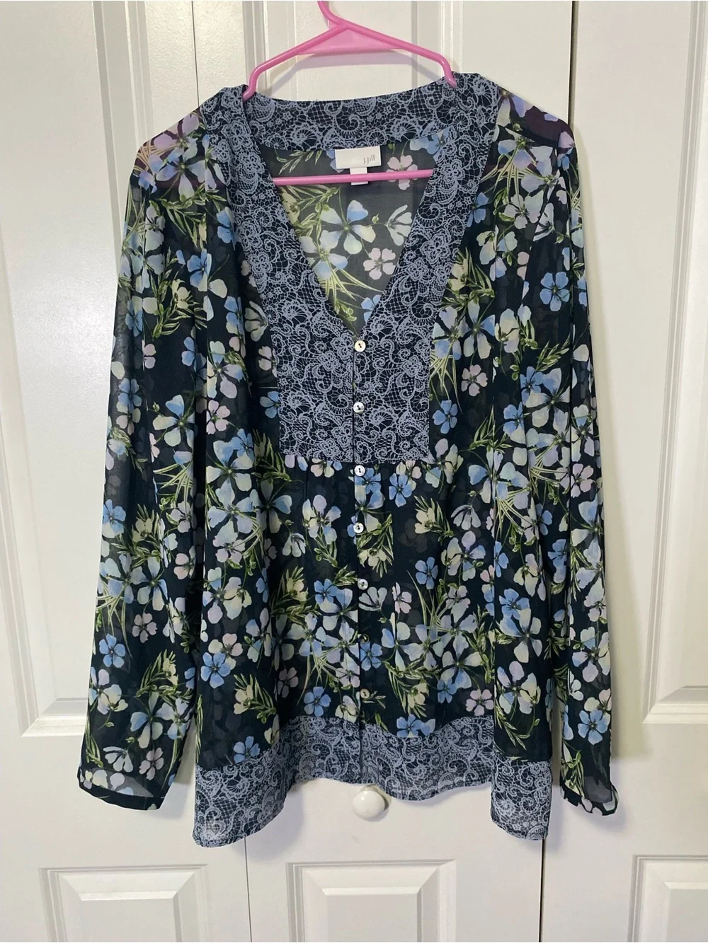 J Jill Navy Floral Lace V-Neck Peasant Blouse